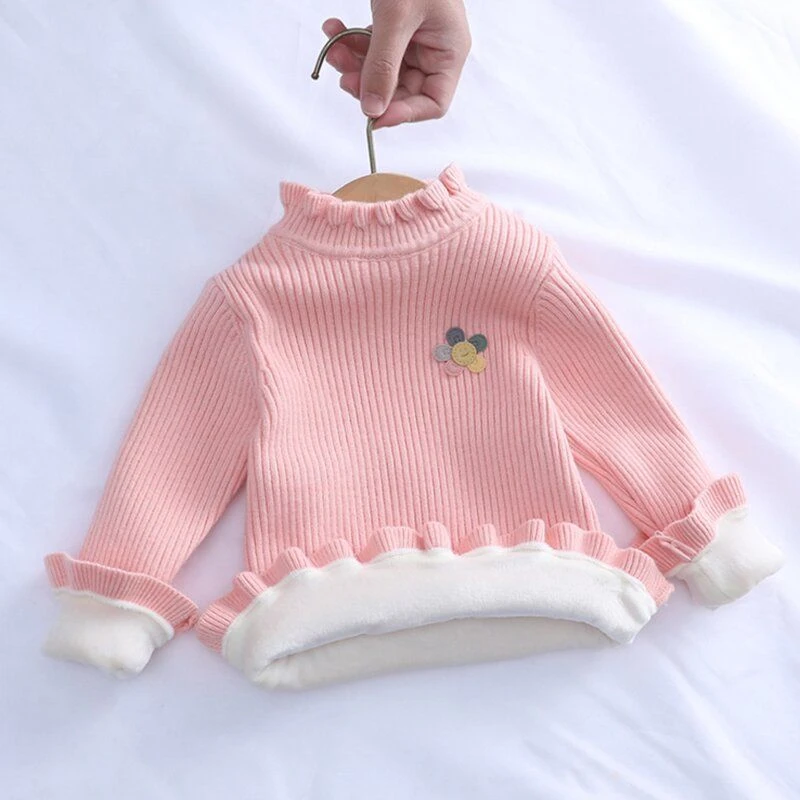 宝宝冬季仿羊绒加绒加厚女童打底衫套头针织衫公主半高领洋气冬装