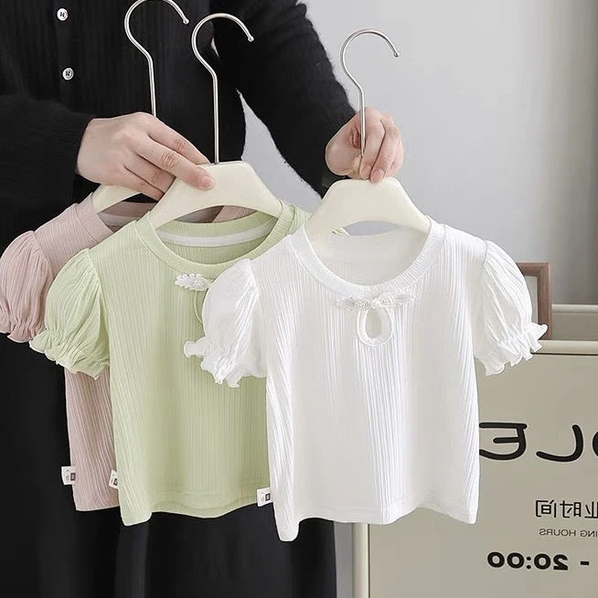 女童T恤夏季2024新款新中式短袖儿童装洋气花边上衣打底宝宝夏装t