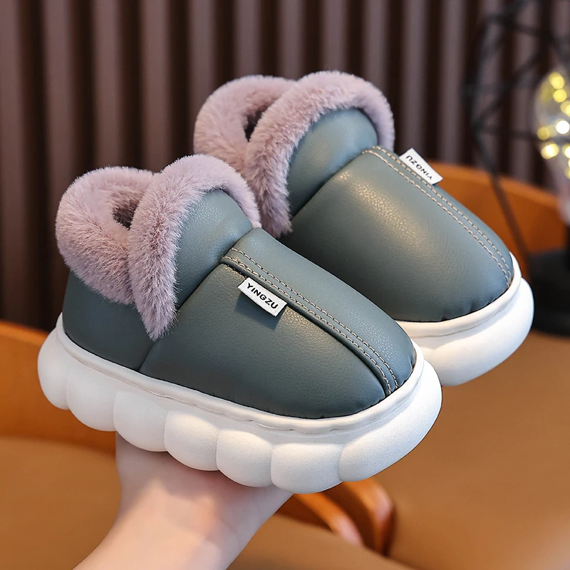 儿童棉鞋包跟PU皮款防水防滑秋冬季加厚保暖男童女童棉鞋毛绒拖