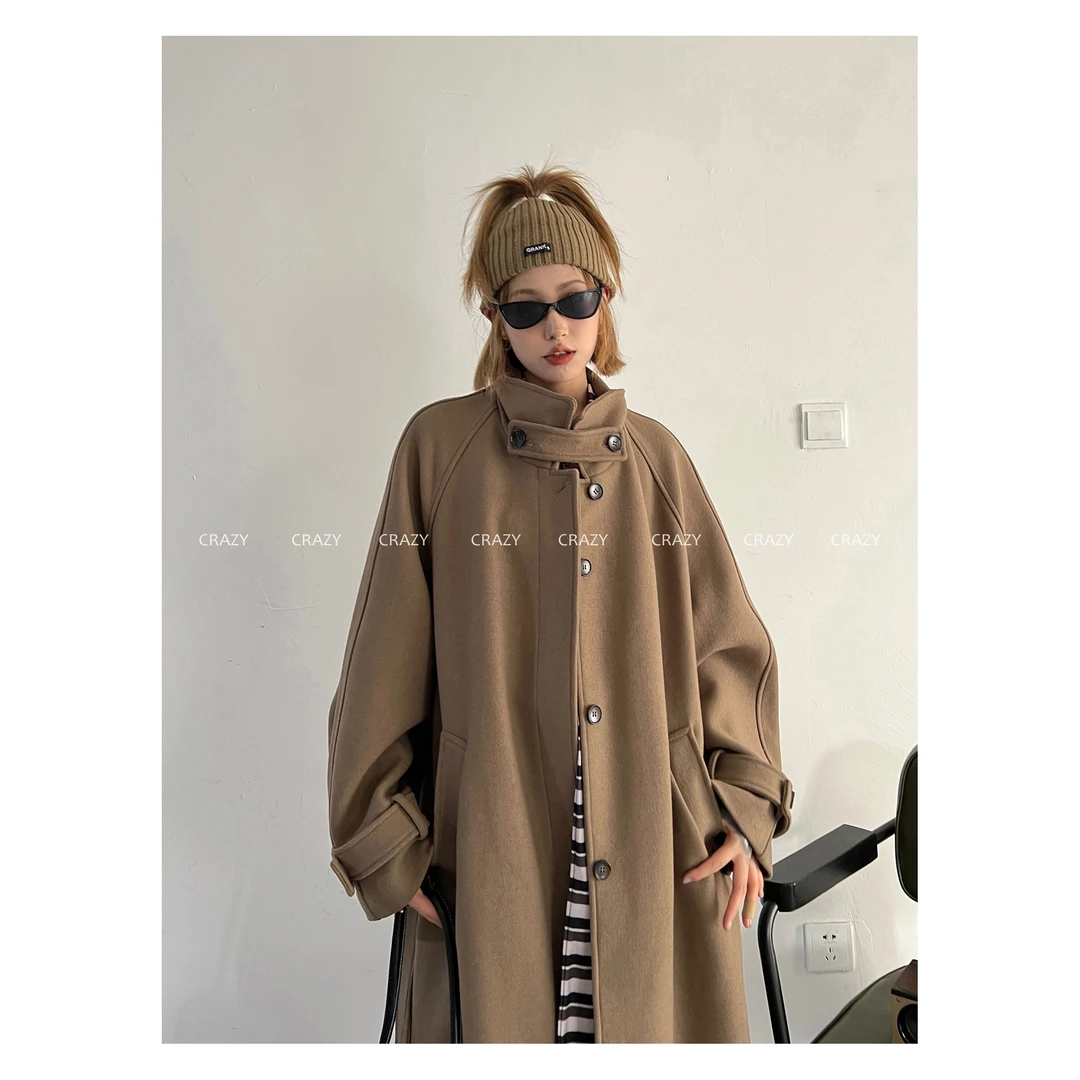 2025新款秋冬高级感中长款立领呢子风衣外套插肩袖系带毛呢大衣女