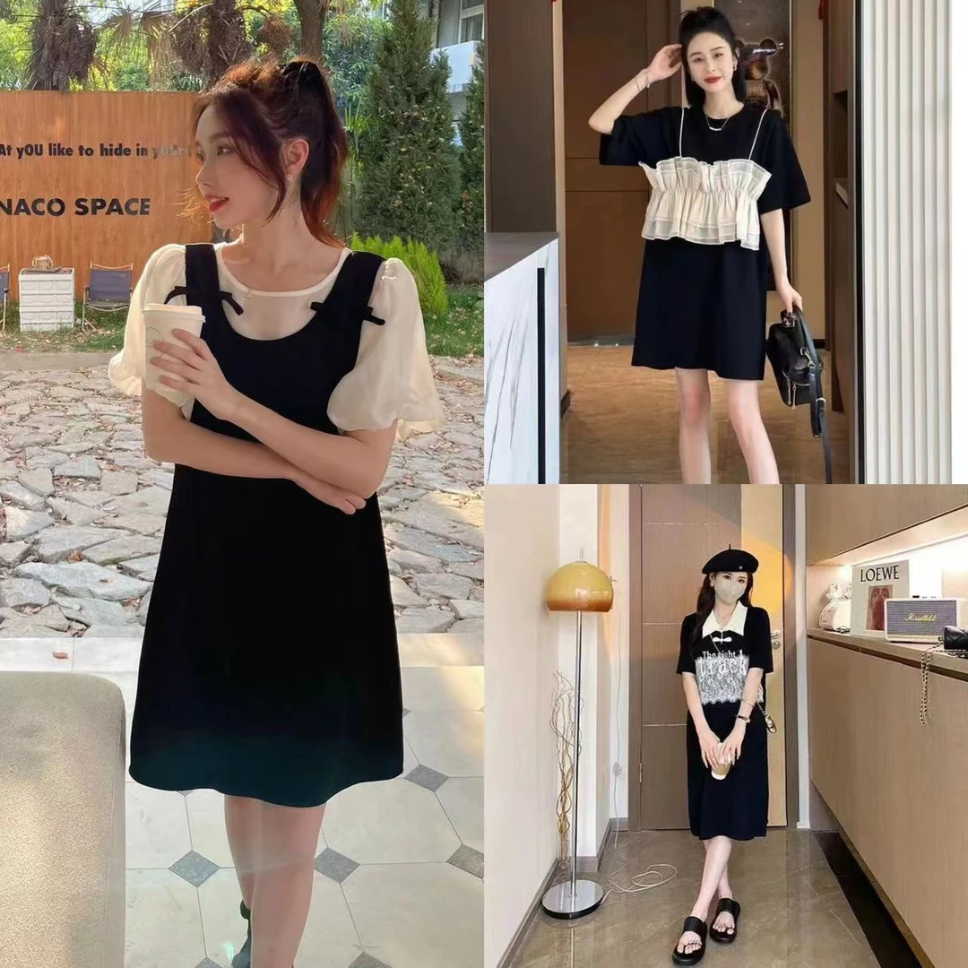 小黑裙法式减龄连衣裙宽松收腰娃娃领泡泡袖撞色裙子