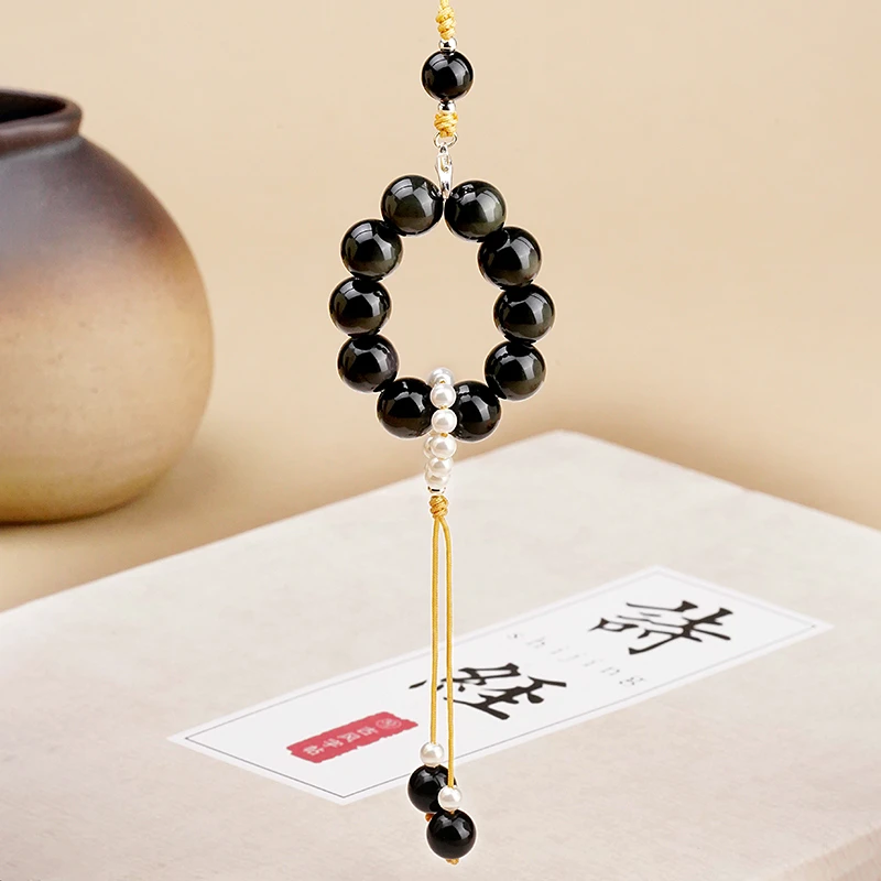 天然黑曜石圆珠车挂小饰品小众轻奢时尚百搭精美包包挂件手机链