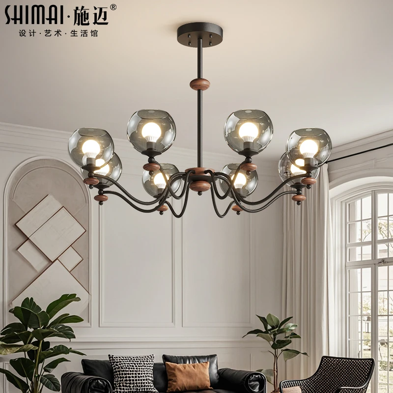 客厅吊灯中古简约设计师大厅护眼主灯大气家用木纹餐厅灯中山灯具