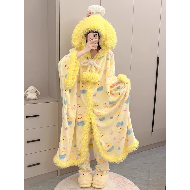厨师饼饼冬季新款少女加绒加厚睡衣女生珊瑚绒软妹保暖家居服斗篷