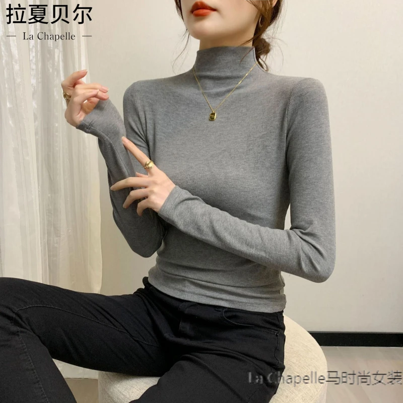 拉夏贝尔高级感上衣长袖T恤女新款罗纹内搭修身显瘦设计感半高领