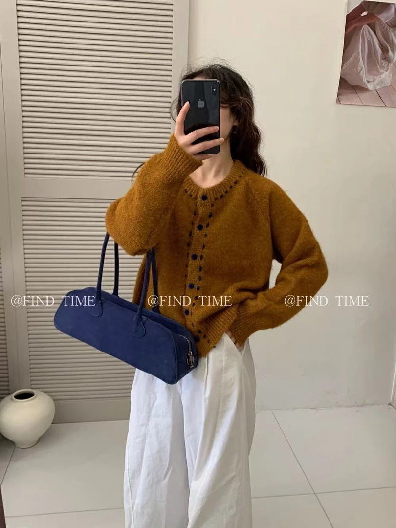 findtime简约高级圆领手工虚线丝绒扣开衫保暖毛衣