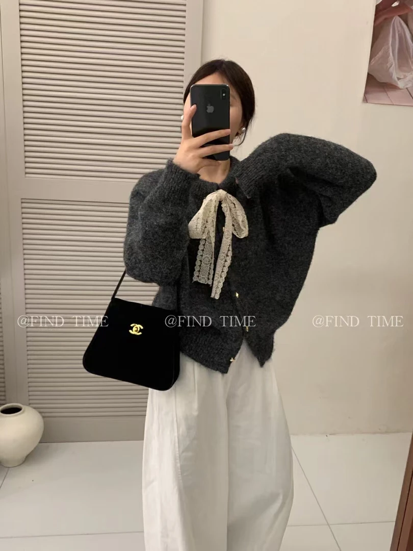 findtime蕾丝系带圆领爱心扣针织开衫