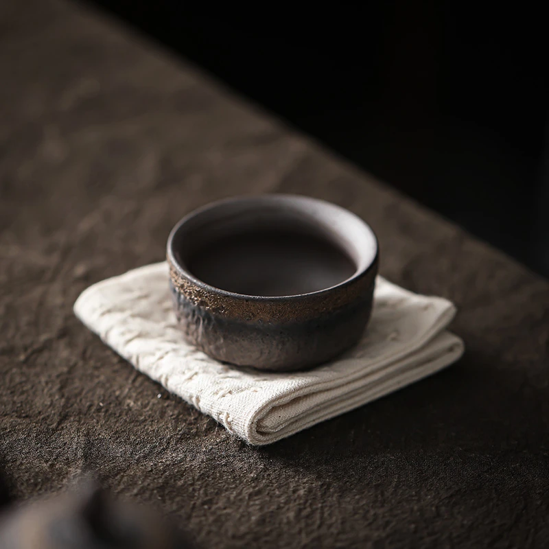 家用半手工鎏金铁锈釉复古粗陶日式陶瓷茶杯品茗杯茶具单杯主人杯