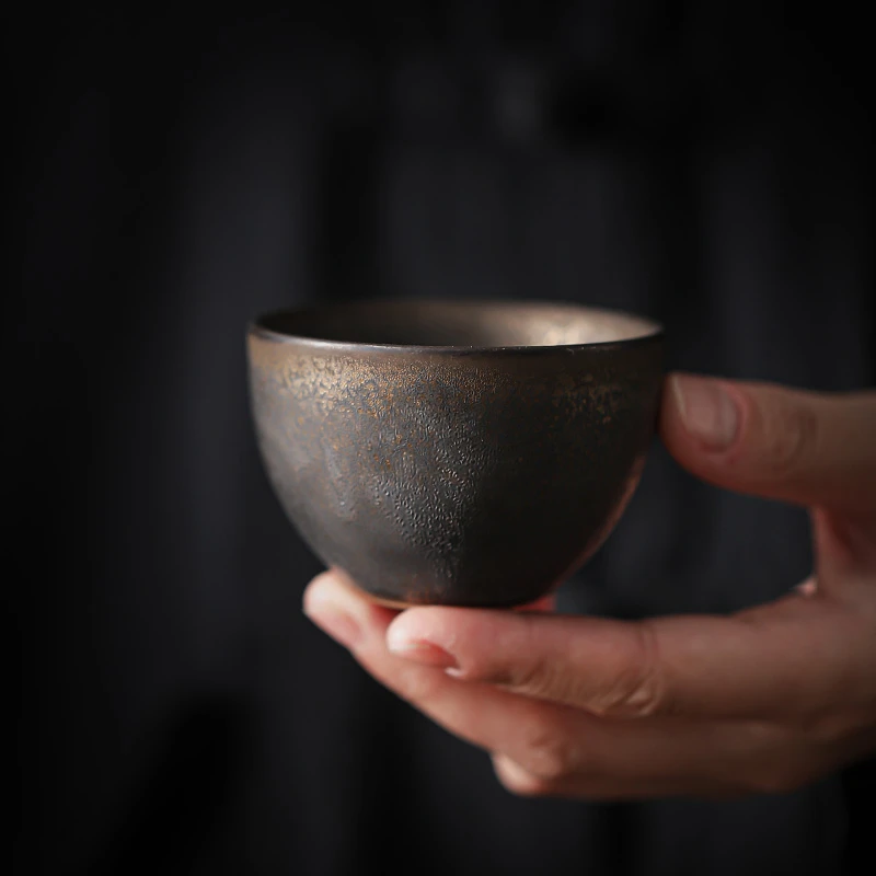 窑变半手工鎏金铁锈釉复古创意陶瓷粗陶日式茶具茶杯品茗杯主人杯