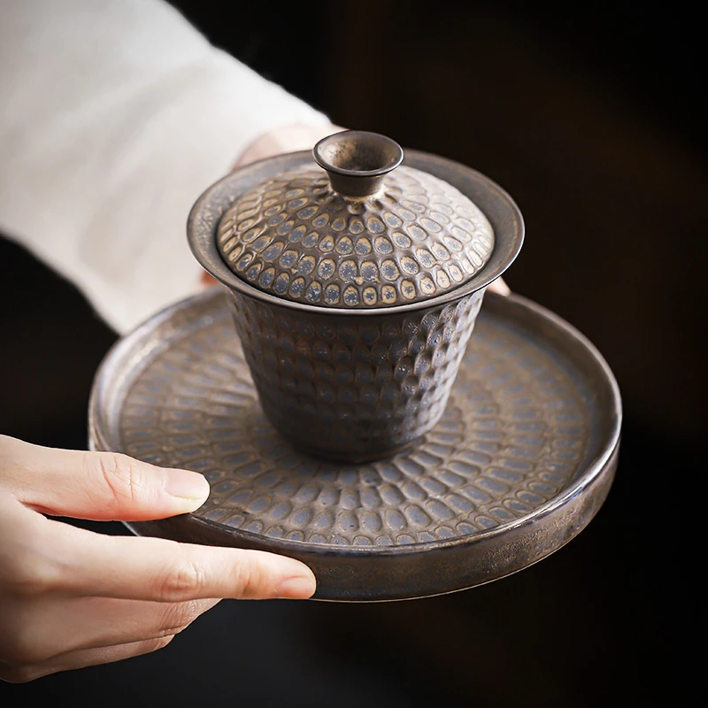 复古陶瓷三才盖碗鎏金铁锈釉复古日式粗陶家用陶瓷茶具锤纹泡茶碗