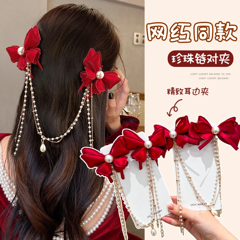 蝴蝶结额头链发夹流苏发饰龙年喜庆发卡头饰女童中国风鸭嘴夹发卡