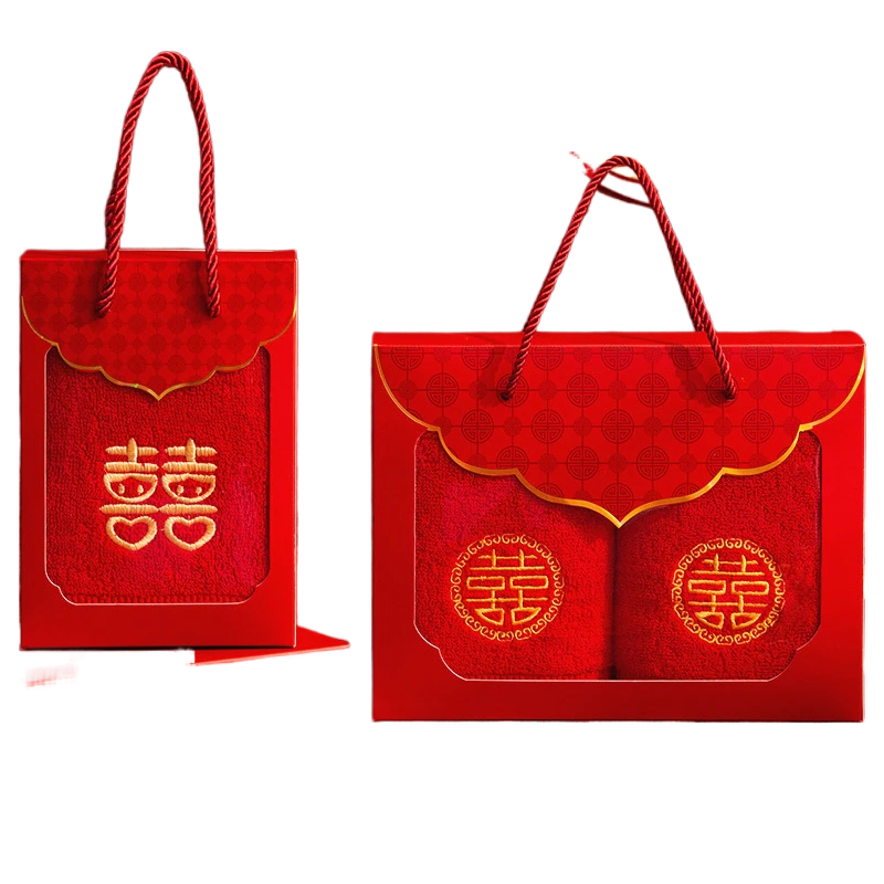 纯棉红色结婚毛巾礼盒装批发婚庆回礼伴手礼品全棉双喜字毛巾套装