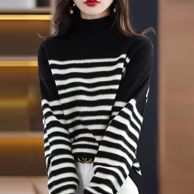 气质时尚慵懒风针织衫女半高领黑白条纹长袖显瘦宽松套头外穿毛衣