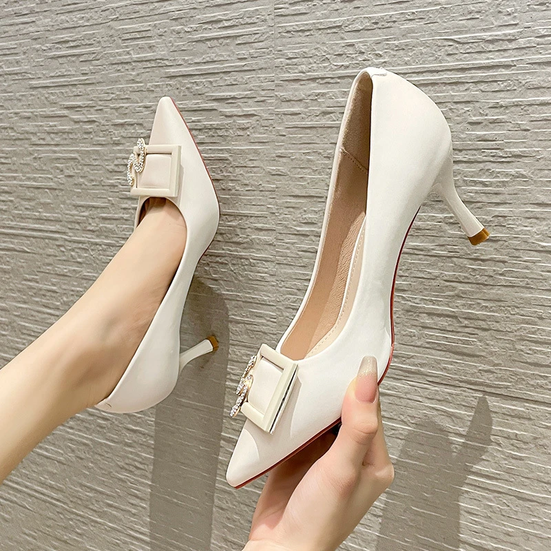 休闲女鞋气质尖头高跟鞋时尚日常百搭细跟纯色新款方扣跨境法式