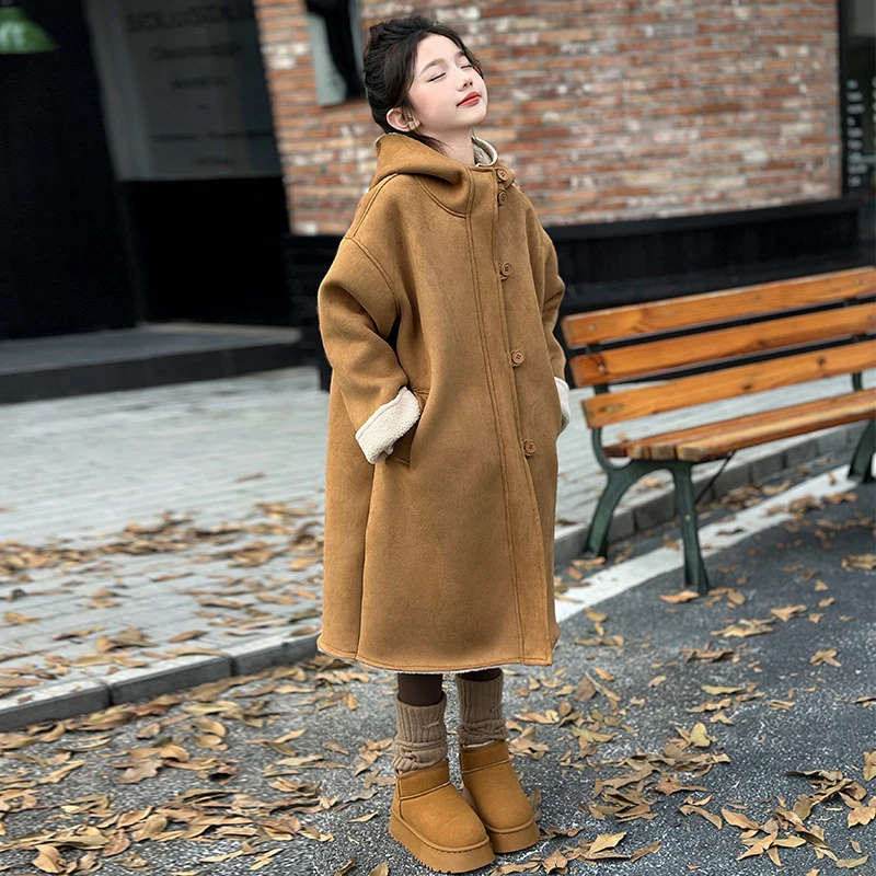 【皮毛一体外套】女童2025新款春装加绒加厚中长款连帽大衣