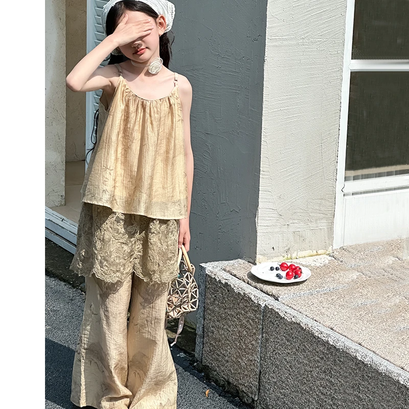 TZ8128【山水竹叶】女童汉服套装夏季女孩新中式吊带古风两件套