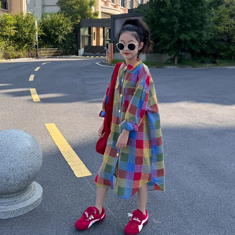 【彩虹之光】女童衬衫2025新款春装洋气格子衬衣大童长款开衫