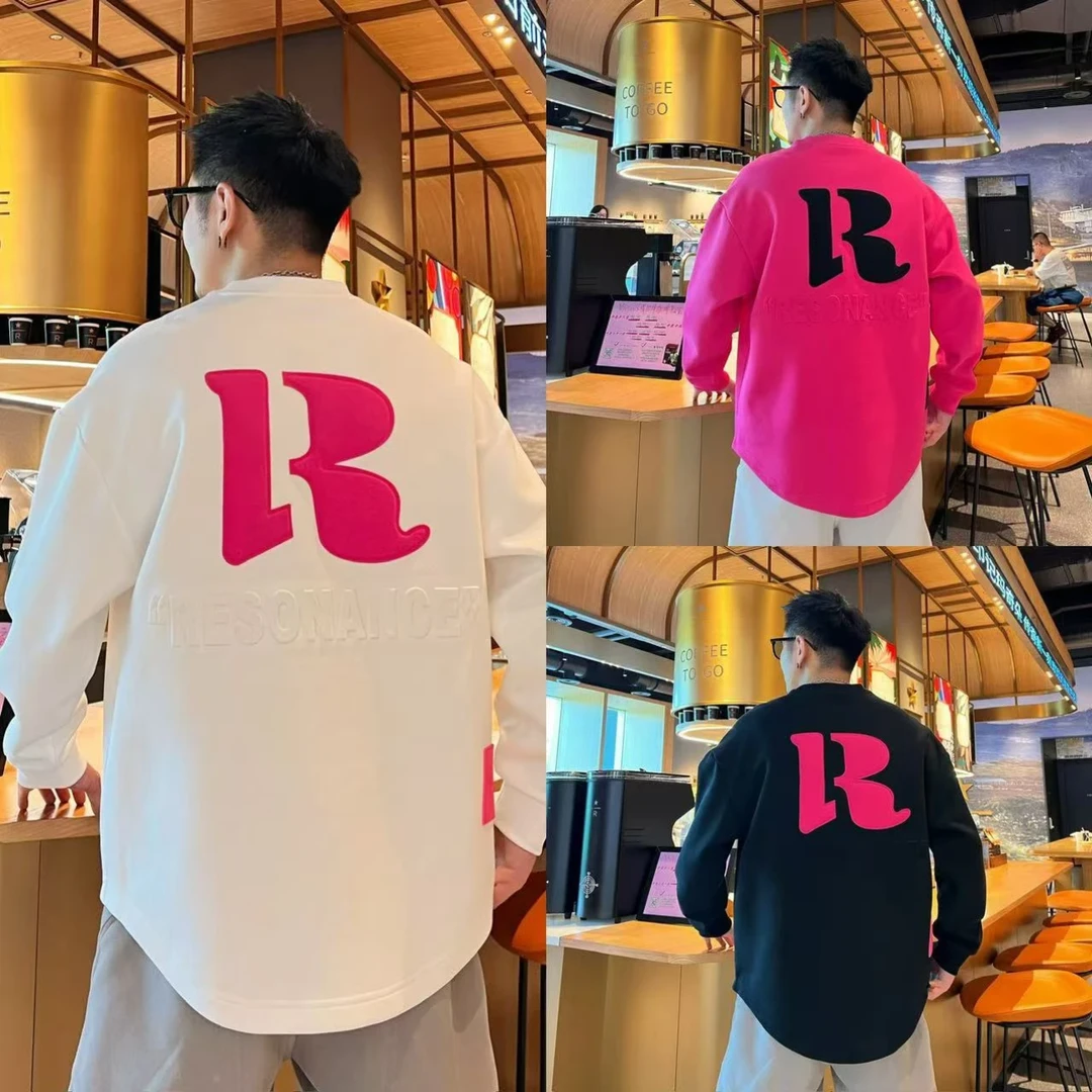 小众时尚设计感撞色植绒贴布秋季男士日常百搭圆领长袖情侣卫T