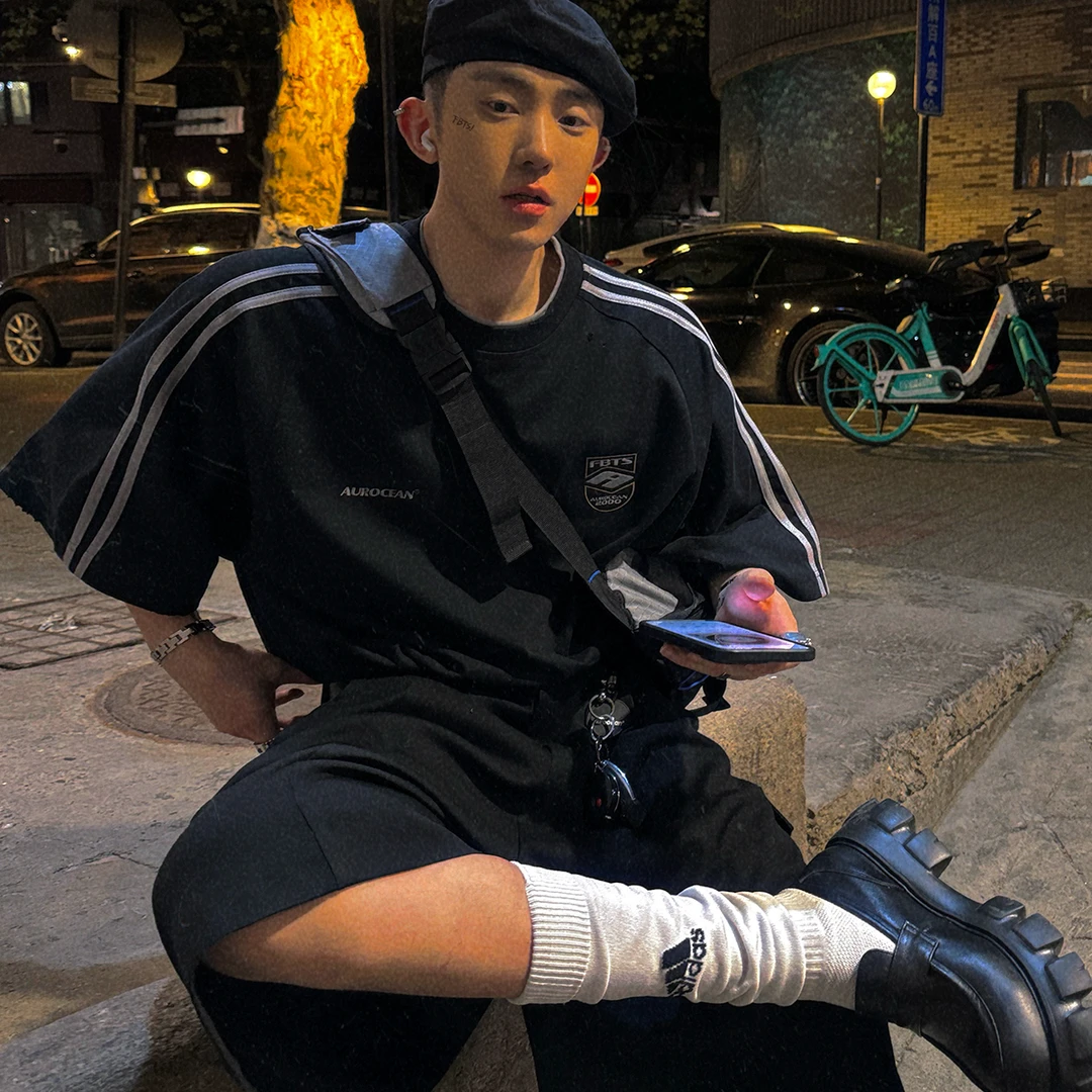 Aurocean 复古运动T恤 磨损做旧球服刺绣重磅纯棉黑色双杠短袖