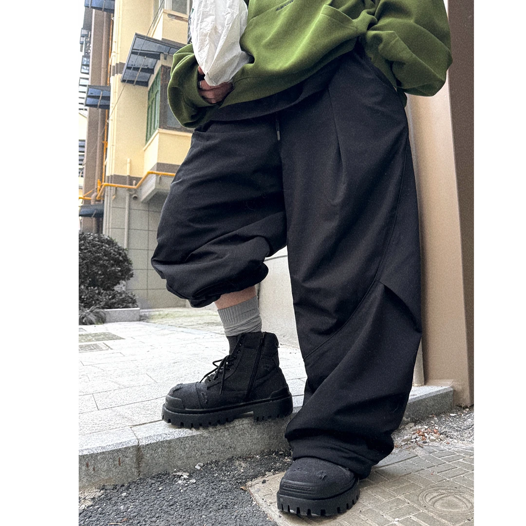 Aurocean 厚绒滑雪卫裤 轻盈速干防风面料宽松弯刀大版黑色棉裤