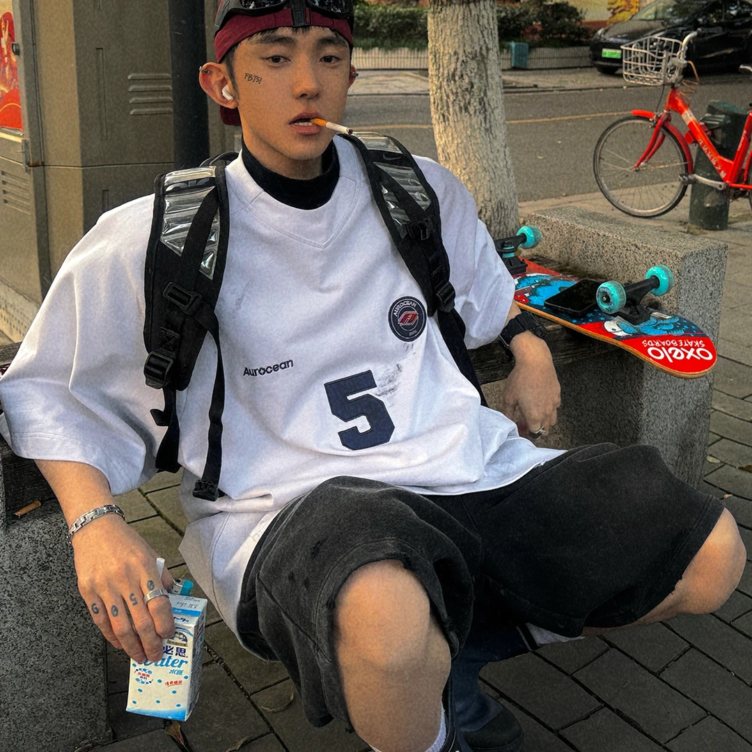 Aurocean 脏白色球服T恤 脏染做旧复古运动贴布绣短袖球衣