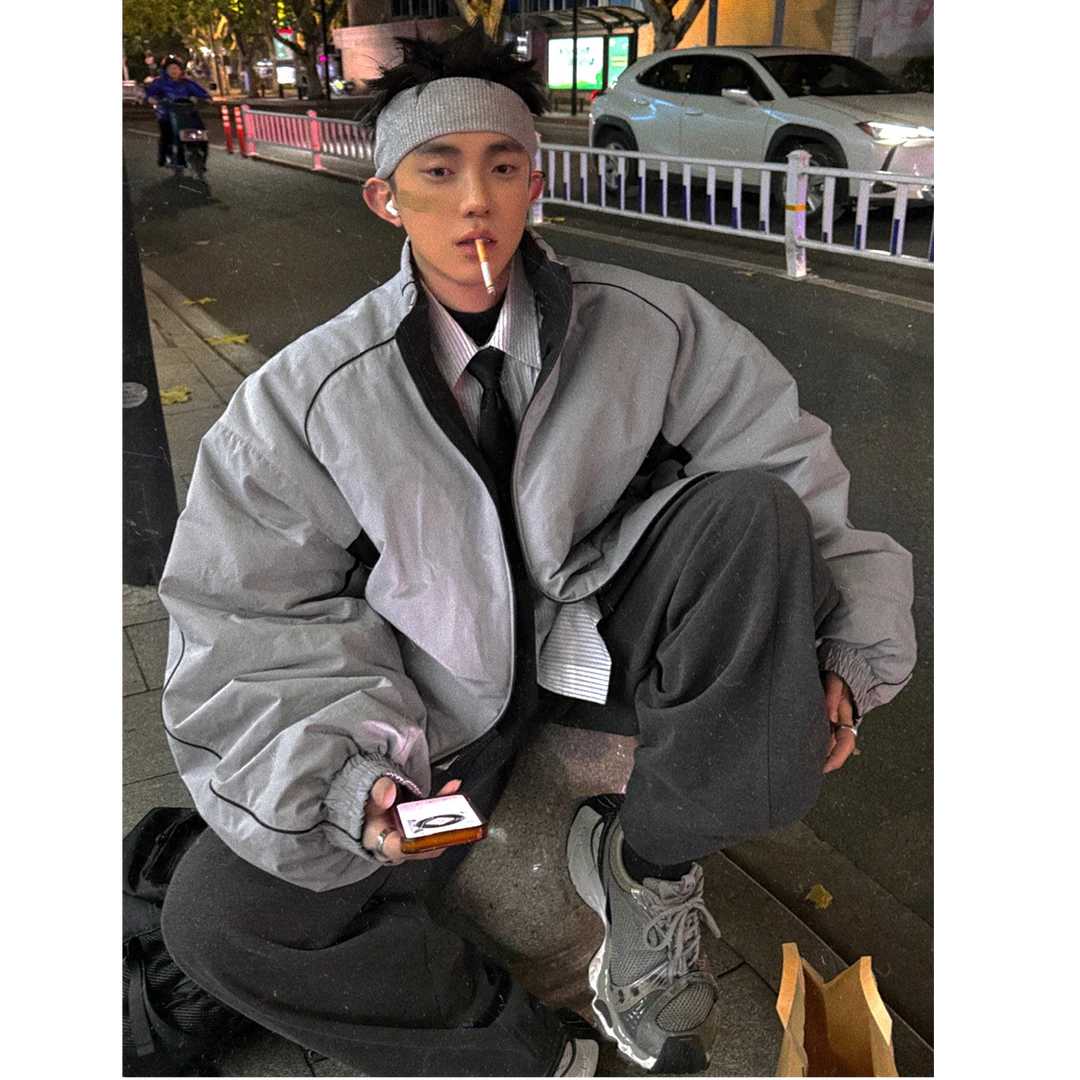Aurocean 复古运动双面穿棉服 古着银灰色宽松廓形校服棉衣外套
