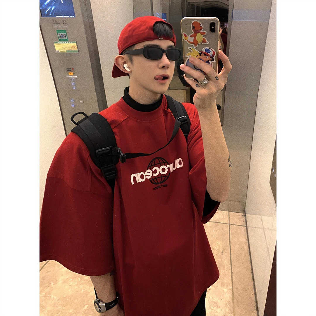 Aurocean 红色T恤 320克重磅全棉复古机能短袖宽松五分袖DT4