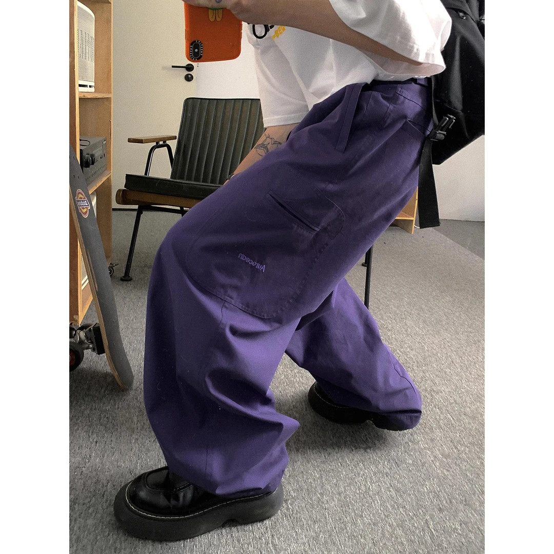 Aurocean 灰紫色工装裤 大版简约低饱和纯色阔腿堆堆裤刺绣长裤