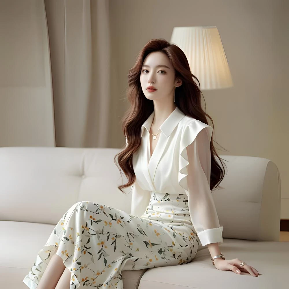 今年流行小众设计感白色碎花两件套夏秋时尚气质减龄洋气秋季套装