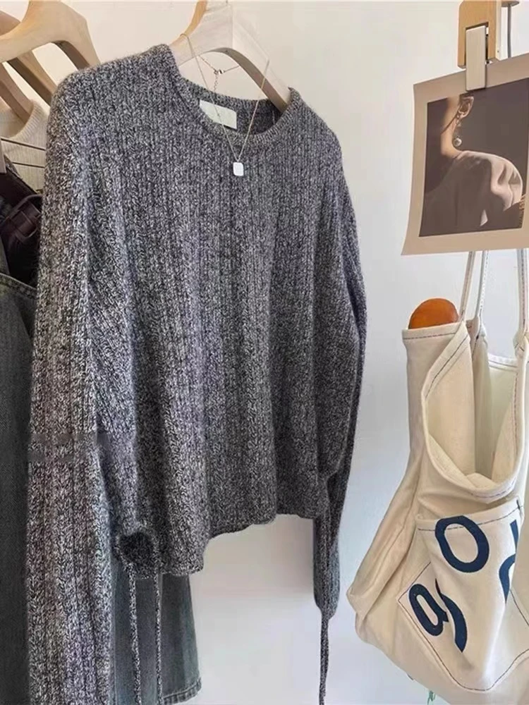 静姐【蜜熊绒针织衫】秋新款竖纹理圆领侧边抽绳针织上衣226-65098