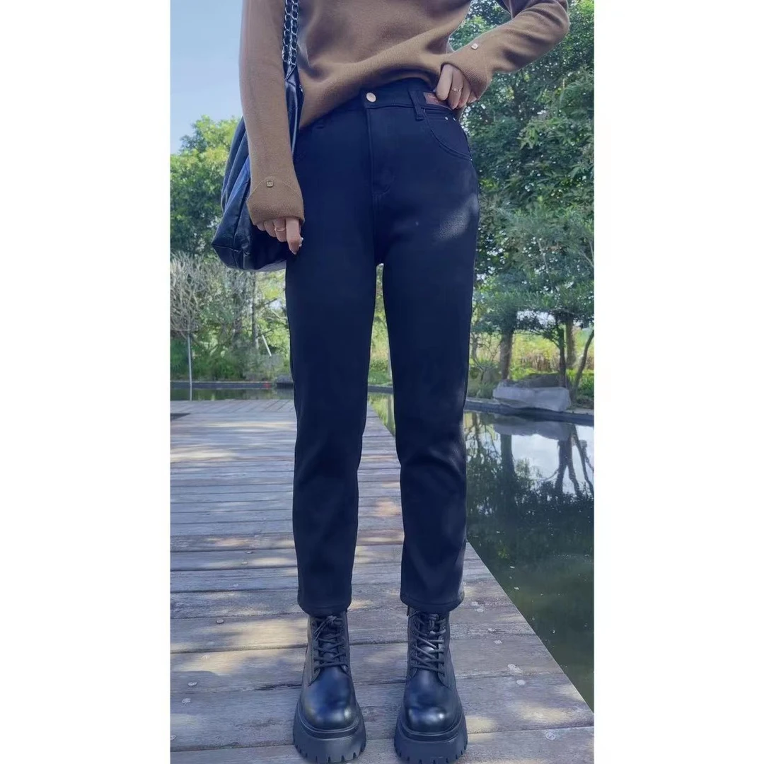 静姐【直腿裤】冬季新款加绒加厚牛仔显瘦直筒复合绒烟管裤JYX22011