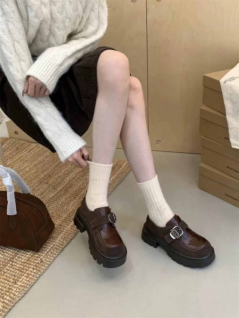 英伦风厚底增高小皮鞋女2024秋季新款褶皱魔术贴皮带扣乐福鞋2222