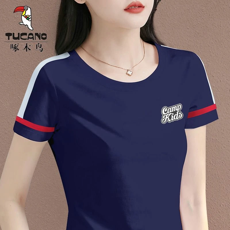 清仓捡漏品牌折扣啄木鸟拼色ins风短袖简约运动t恤夏季百搭女上衣