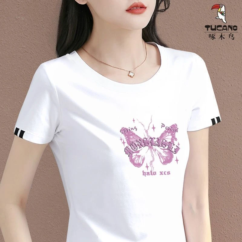 清仓捡漏啄木鸟妈妈服装时尚女上衣短袖夏季潮流简约圆领T恤印花