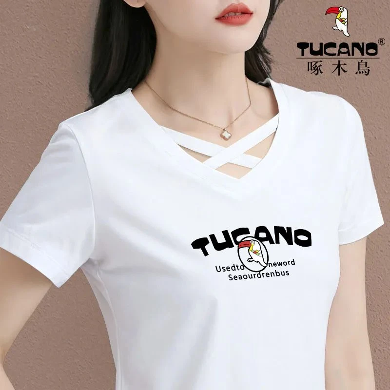 清仓捡漏啄木鸟品牌大码夏季款短袖T恤女镂空V领休闲百搭上衣