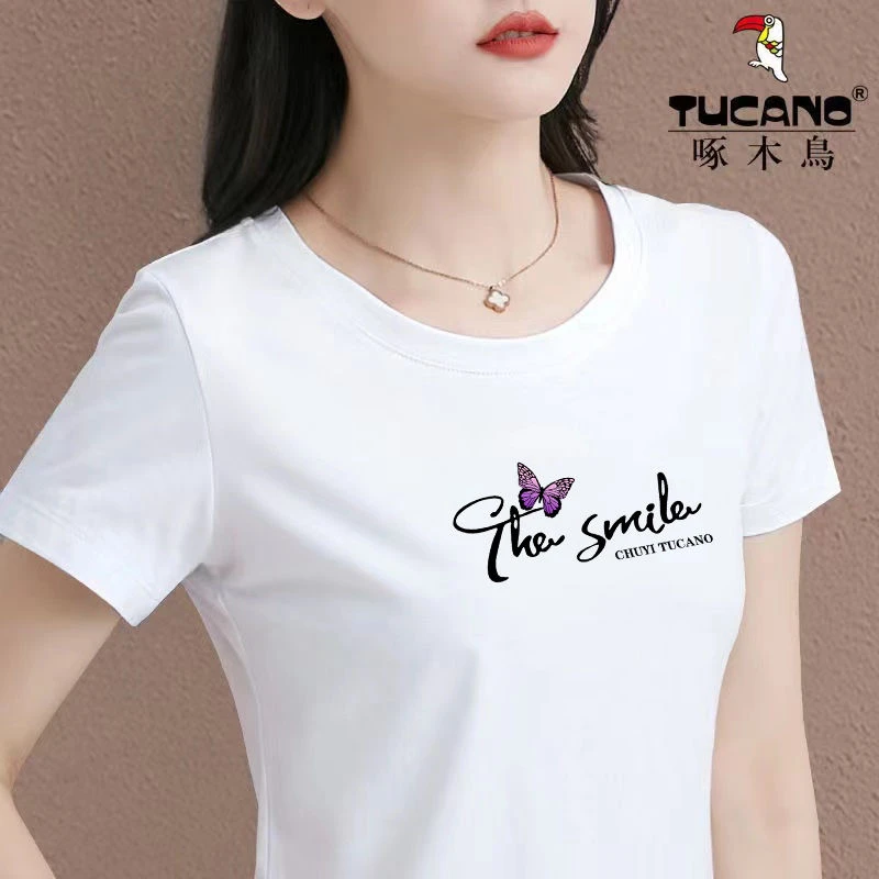 啄木鸟正品夏季棉大码短袖圆领T恤女2024新款薄款显瘦休闲上衣