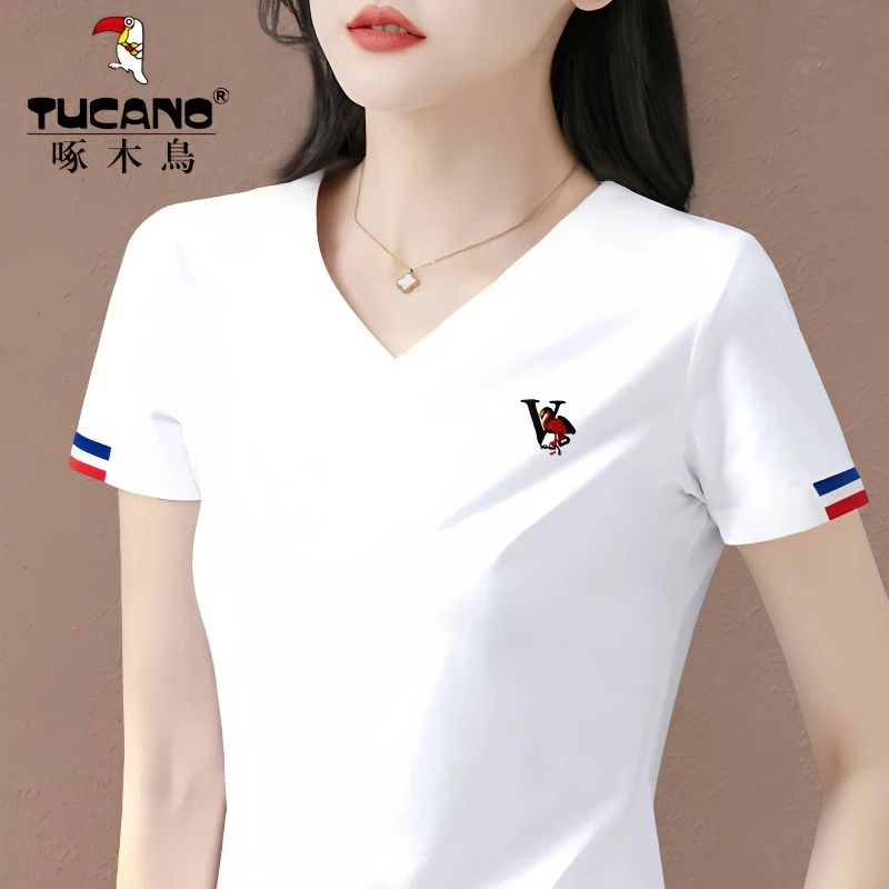 清仓捡漏品牌折扣啄木鸟夏季女百搭罗纹V领t恤短袖ins休闲体恤衫