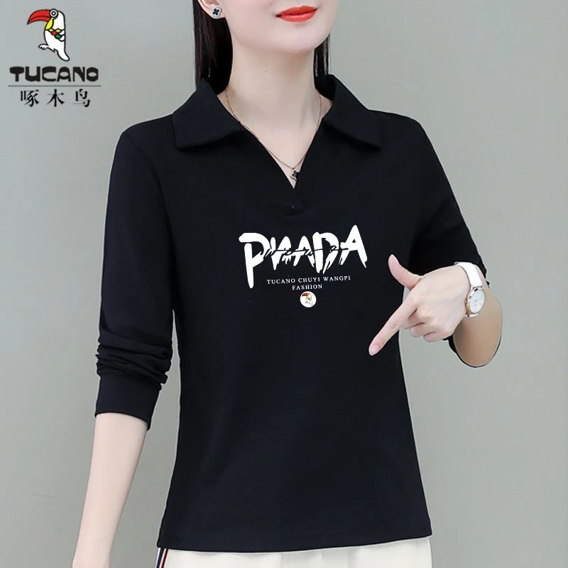 清仓捡漏啄木鸟大牌特价长袖T恤女薄款ins春秋修身翻领时尚打底衫