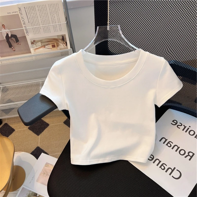 夏季短袖T恤女短款圆领高腰露脐修身2025夏季新款棉质百搭打底衫