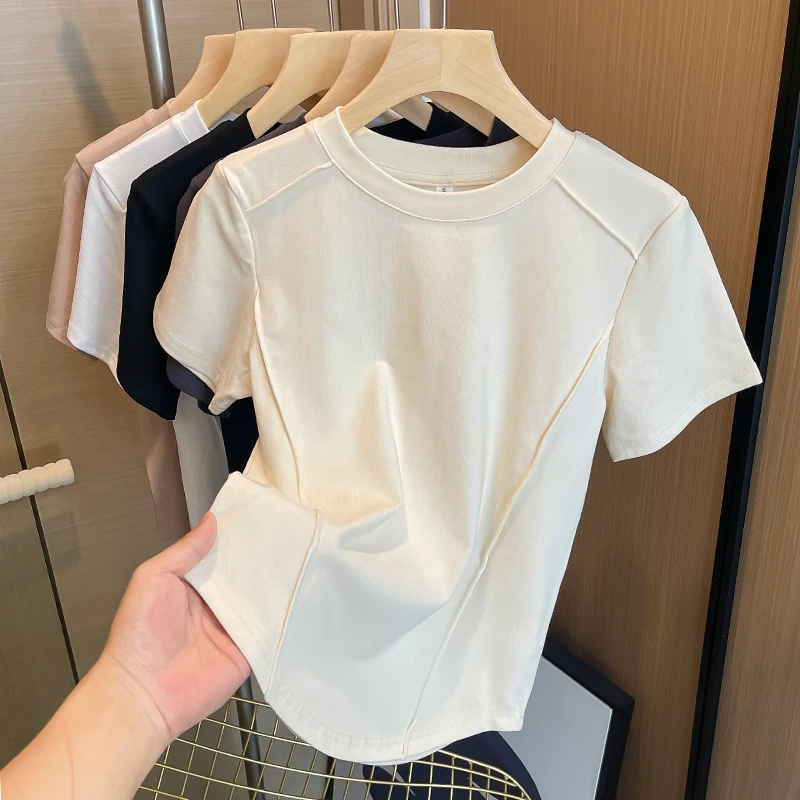 螺纹圆领短袖T恤女修身个性款百搭显瘦韩版白色内搭穿搭短款上衣