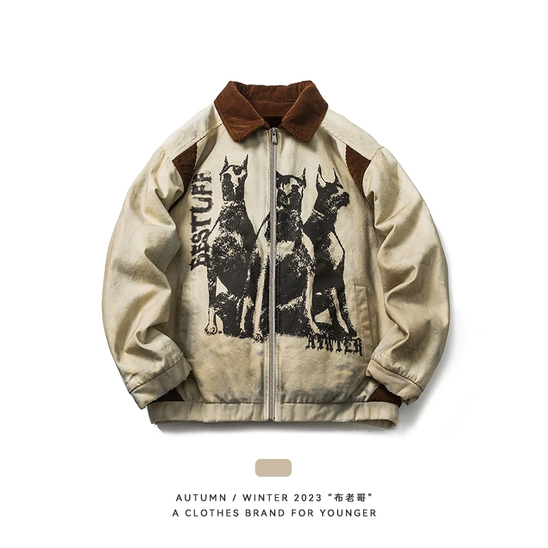 布老哥Blog国潮复古嘻哈涂鸦设计翻领棉服秋冬新款棉衣外套潮W738