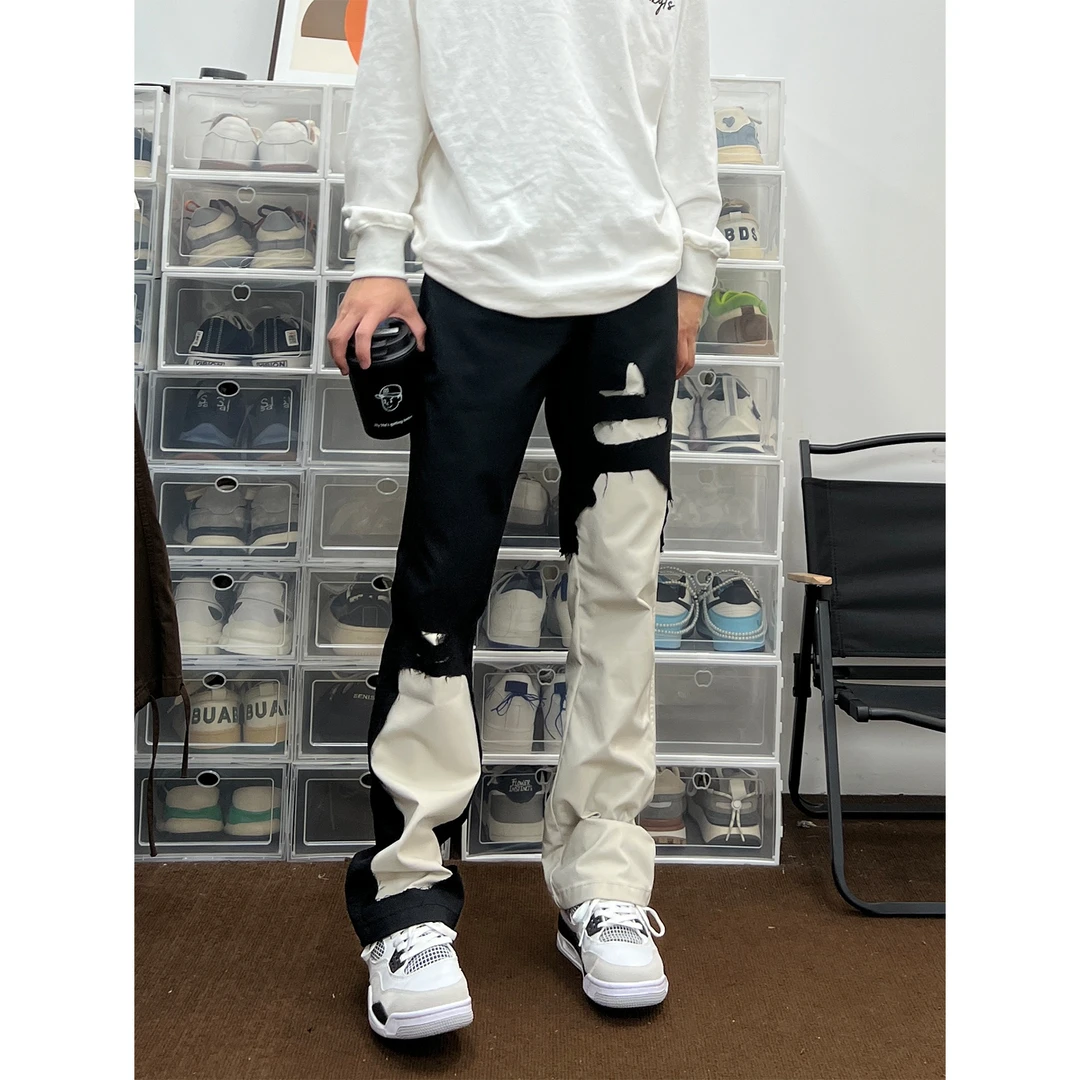 布老哥Blog小众拼接高级感设计休闲长裤男女小微喇百搭裤子K346