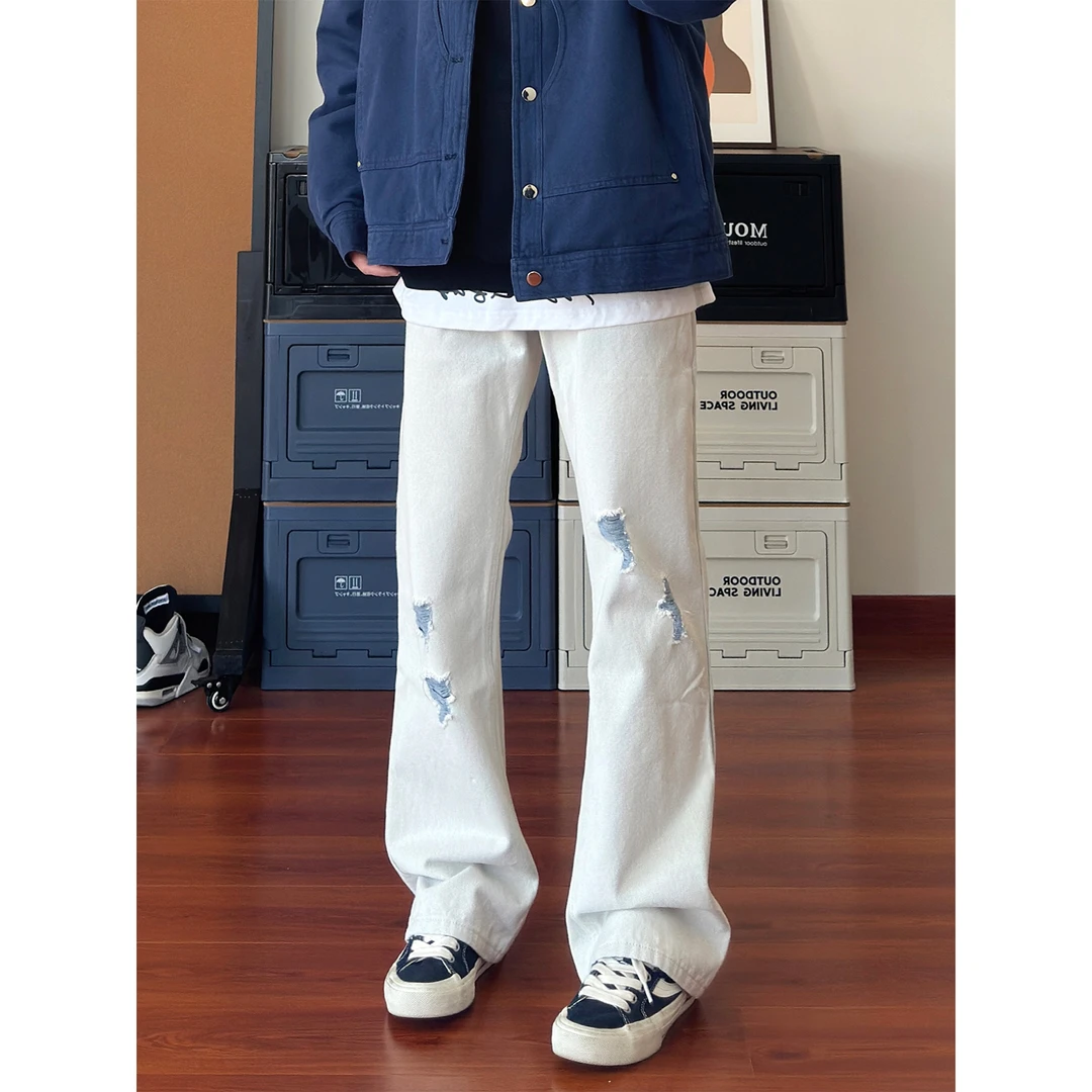 布老哥Blog美式复古蓝纱灰白牛仔裤clf显瘦微喇破洞直筒长裤K702