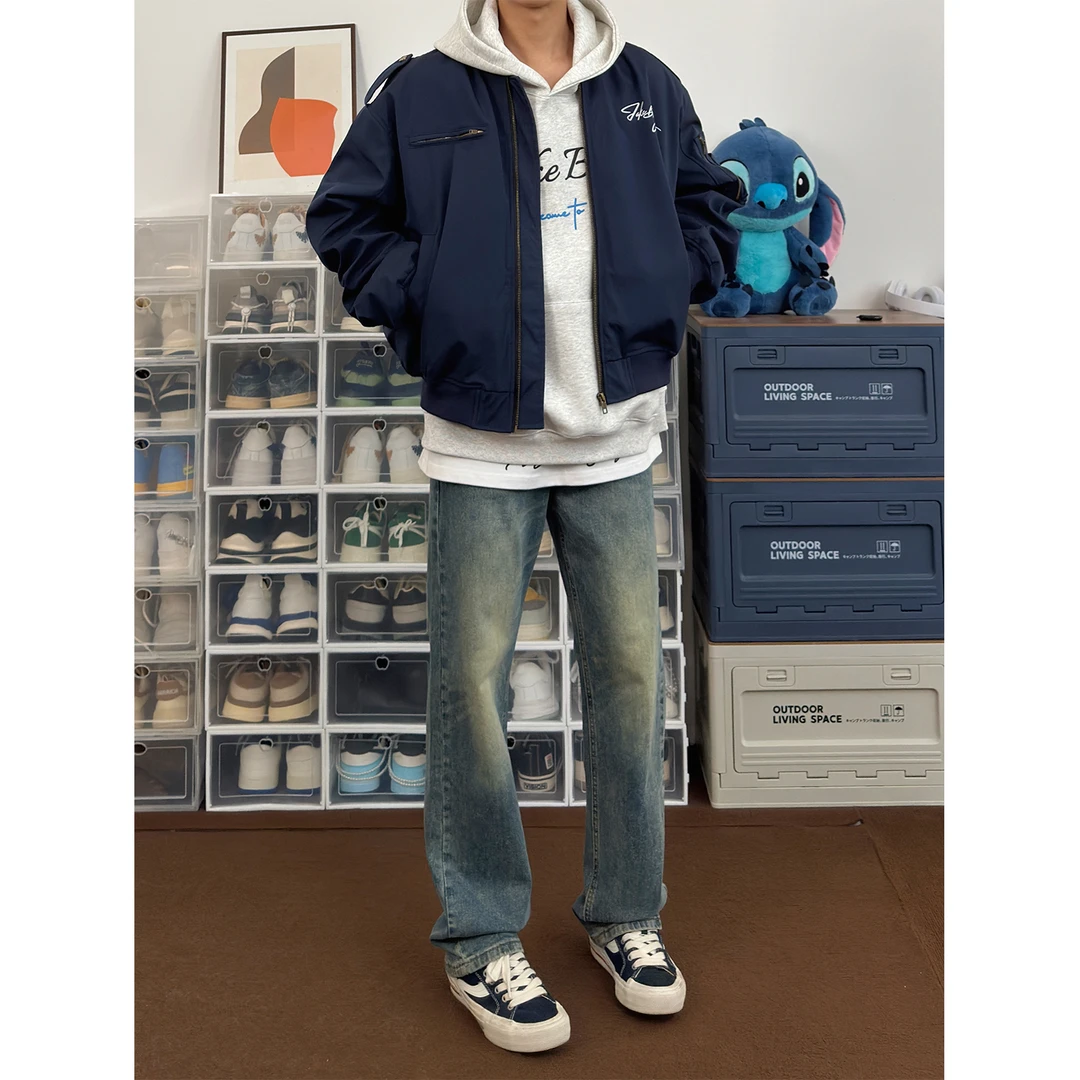 布老哥Blog美式复古藏青色飞行夹克简约宽松叠穿微短款外套秋W178