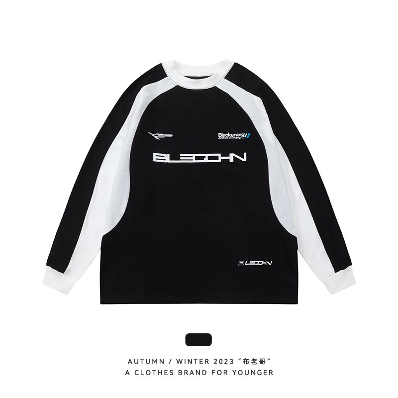 布老哥Blog美式拼色字母印花拼接圆领卫衣复古宽松百搭打底衫W349