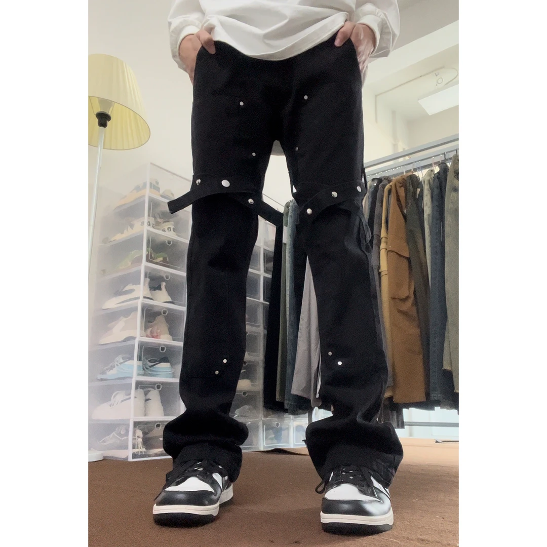 布老哥Blog美式潮流微喇直筒牛仔裤绑带设计感裤子男高街长裤K311