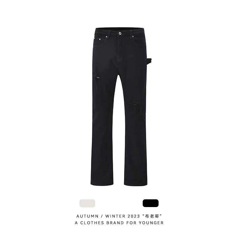 布老哥Blog高街vibe风小众破洞设计感微喇牛仔裤男生百搭长裤K455