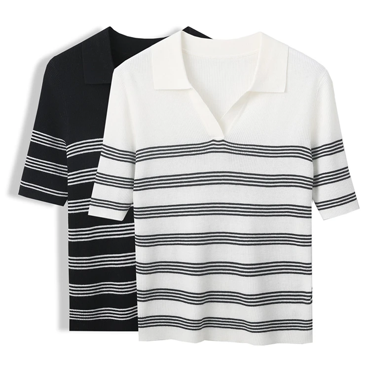 【午羊】春夏精纺蚕丝羊毛高弹显瘦针织抽条polo领短袖