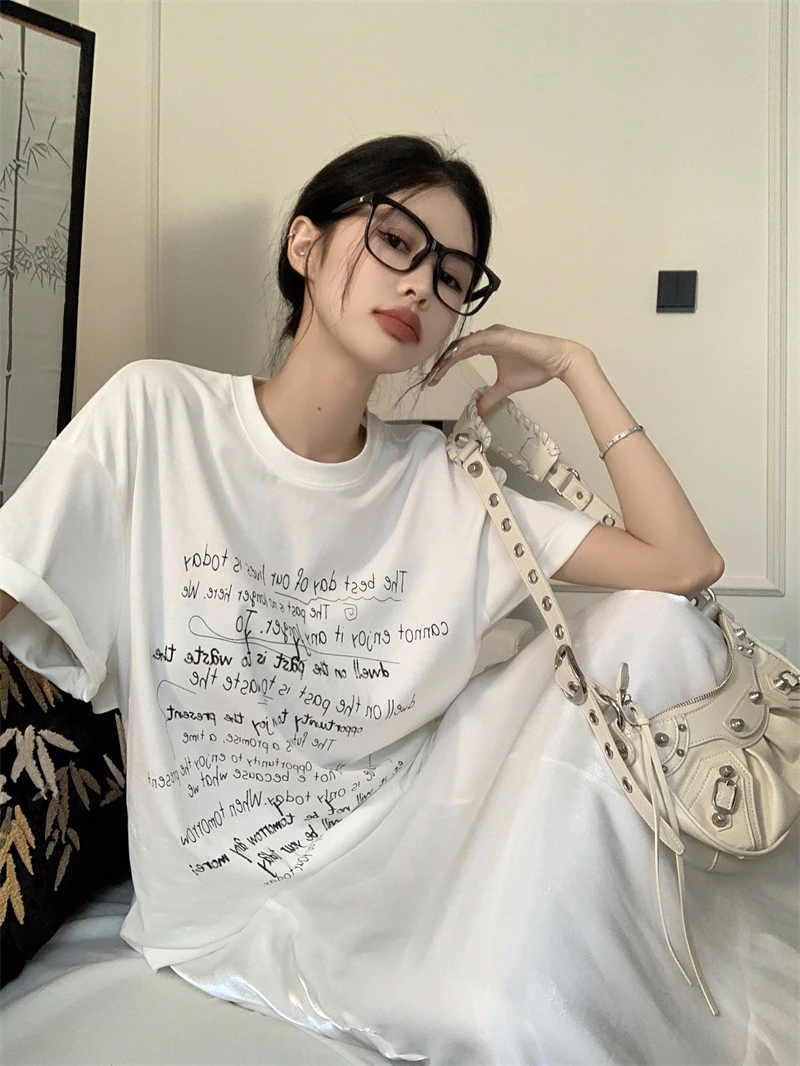 2024夏日新款宽松ins短袖T恤小众多字母设计感慵懒风透气速干