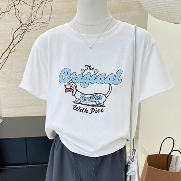 2024新款棉质短袖T恤小狗字母印花透气舒适百搭t恤短袖ins风休闲